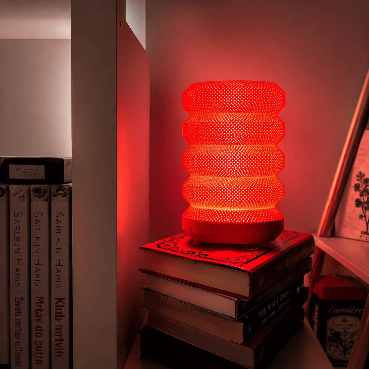 Luma Désir crvena 3D lampa na knjigama sa toplim ambijentalnim svetlom