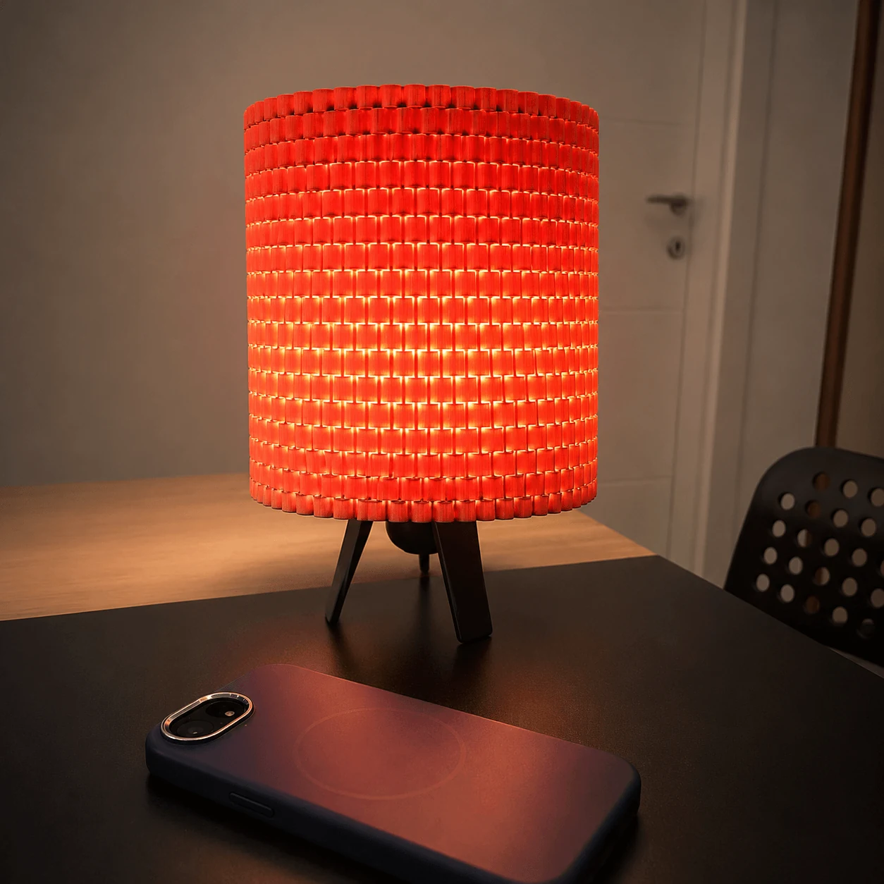 Luma Rubis crvena 3D lampa na drvenim nogicama sa toplim ambijentalnim svetlom
